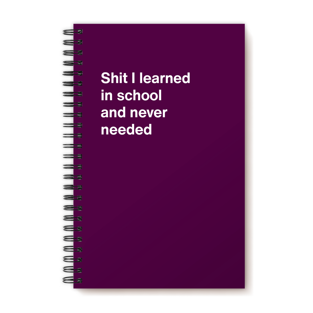A funny notebook from WTF Notebooks® entitled "Shit I learned in school and never needed"